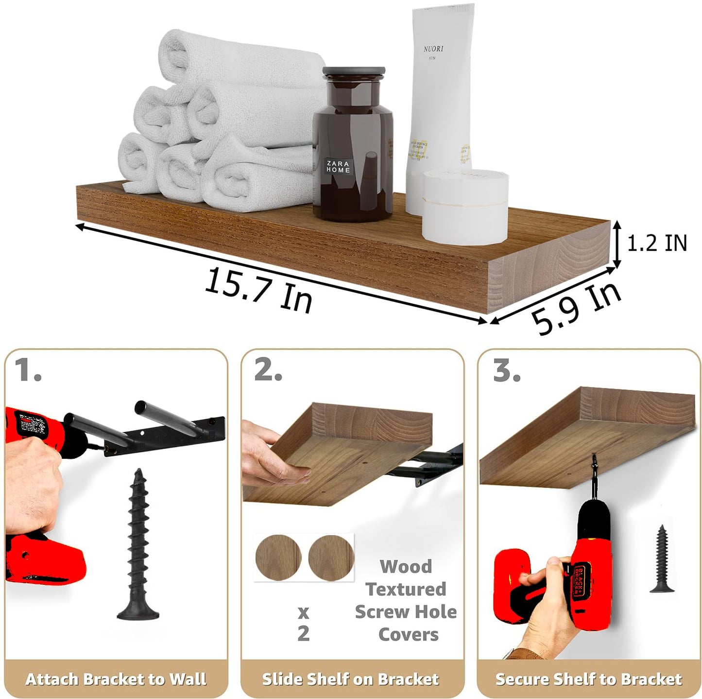 IAE Walnut Floating Wall Shelves 16 inch, Bathroom Shelves Wall Mounted,Invisible Shelf Floating Kitchen Shelves,Wooden Wall Shelving with Brackets for Living Room Wall Mounted,Easy Install,Set of 2