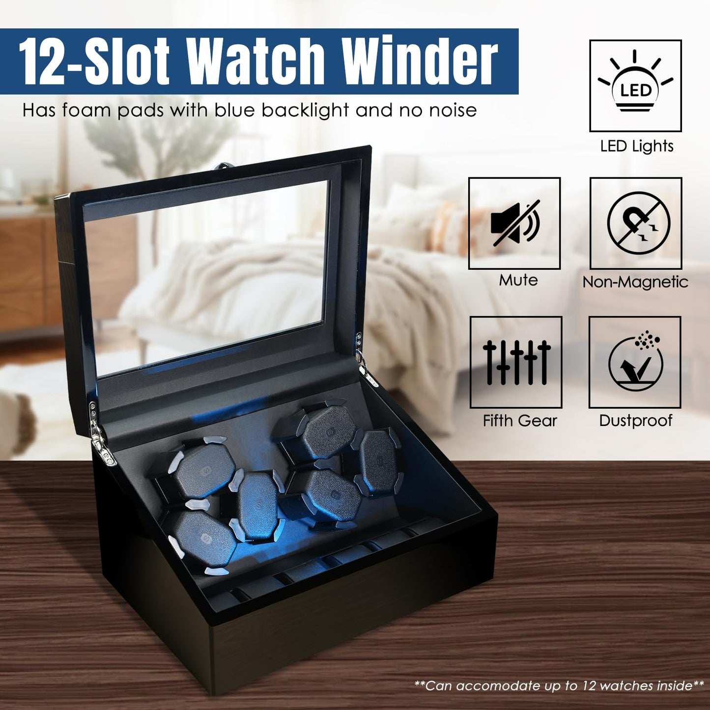 JuviPerpric Watch Winder for Automatic Watches, 6 Automatic Watches with 6 Storages, Blue Backlight and Foam Pad, 4 Rotation Modes Rotating Watch Box (Wood)