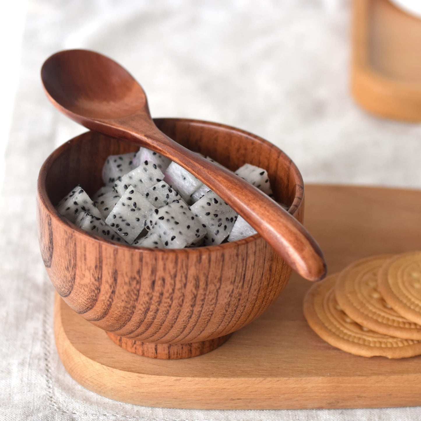 Kanhaom Small Wooden Bowls and Spoons, 10oz. Portion Control Bowls for Snack, Dessert, Japanese Serving Bowls for Rice, Soup, Solid Wood Bowls for Decor (4 Bowls - 4.1IN)