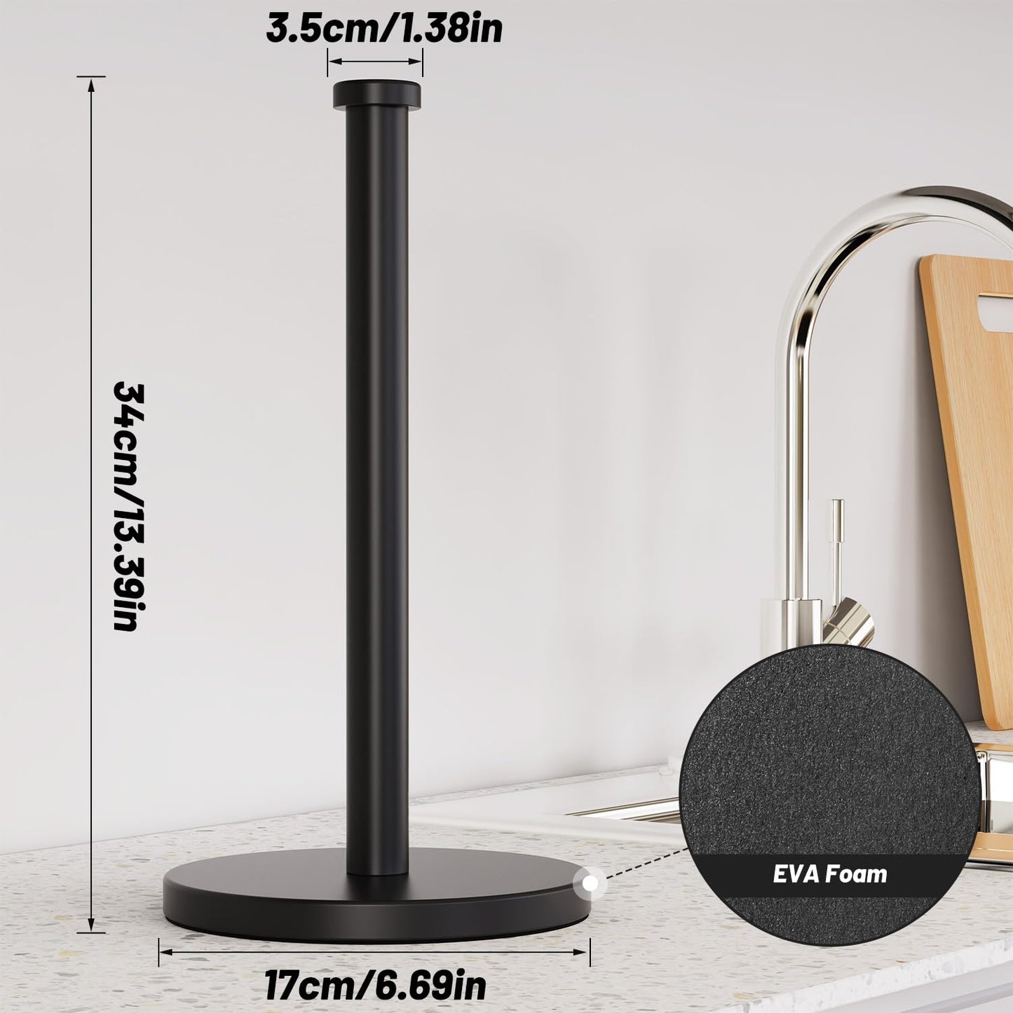 VEHHE Paper Towel Holder Countertop, Weighted Non-Slip Base, Stainless Steel Paper Towel Holder for Kitchen Bathroom (Black)