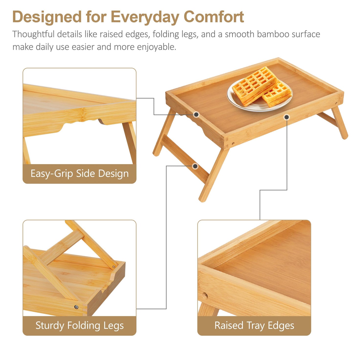 Breakfast Tray with Folding Legs Set of 2, Bamboo Bed Tray Table 15.7" Foldable TV Dinner Tray with Ergonomic Wave Handles for Bed Couch Sofa, Breakfast, Snacks, Coffee, Natural