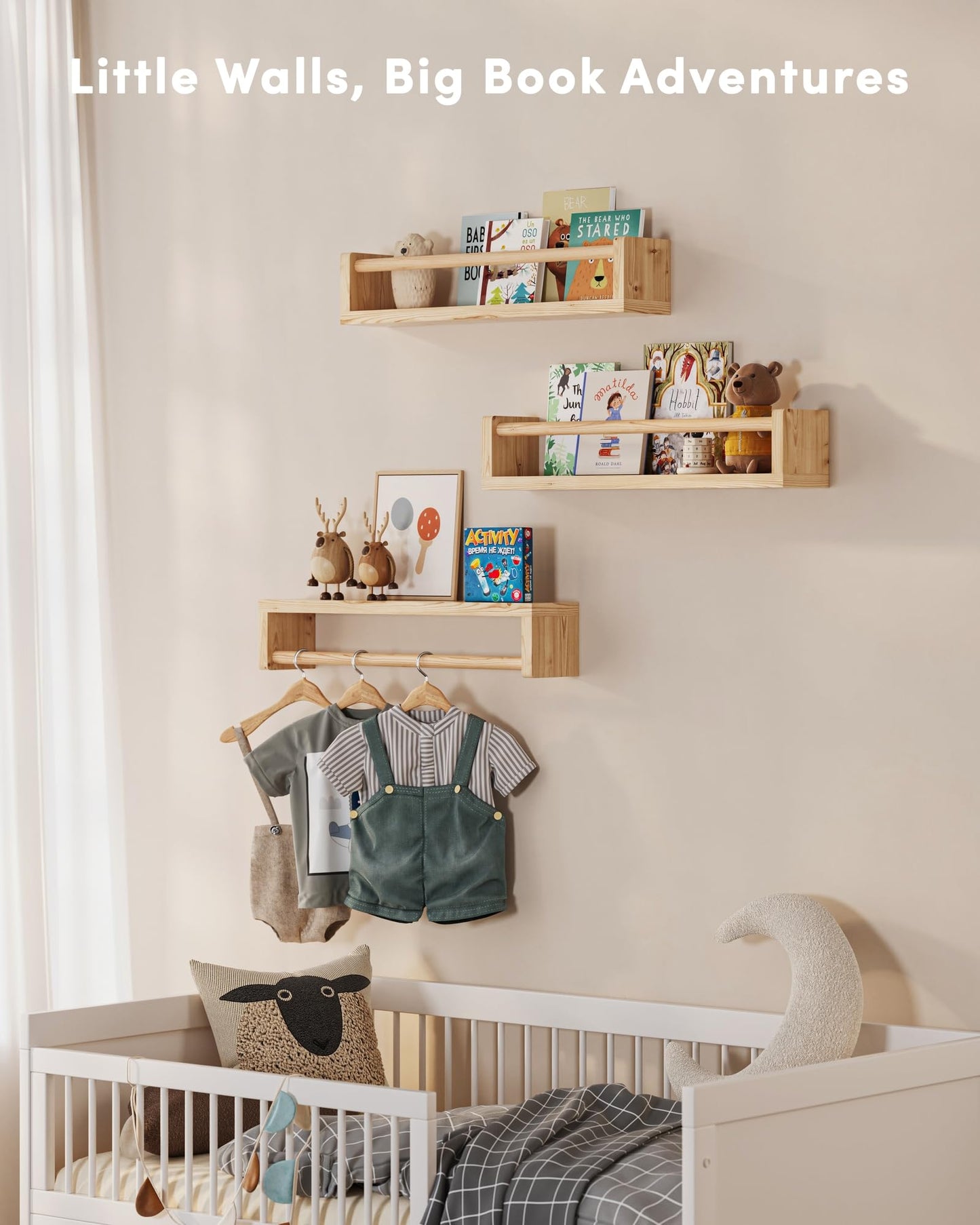 G&W Gruwald Nursery Book Shelves, Set of 3, Hanging Bookshelf, Wall Book Shelves for Bedroom Kids, Floating Shelf for Wall, Nursery Decor