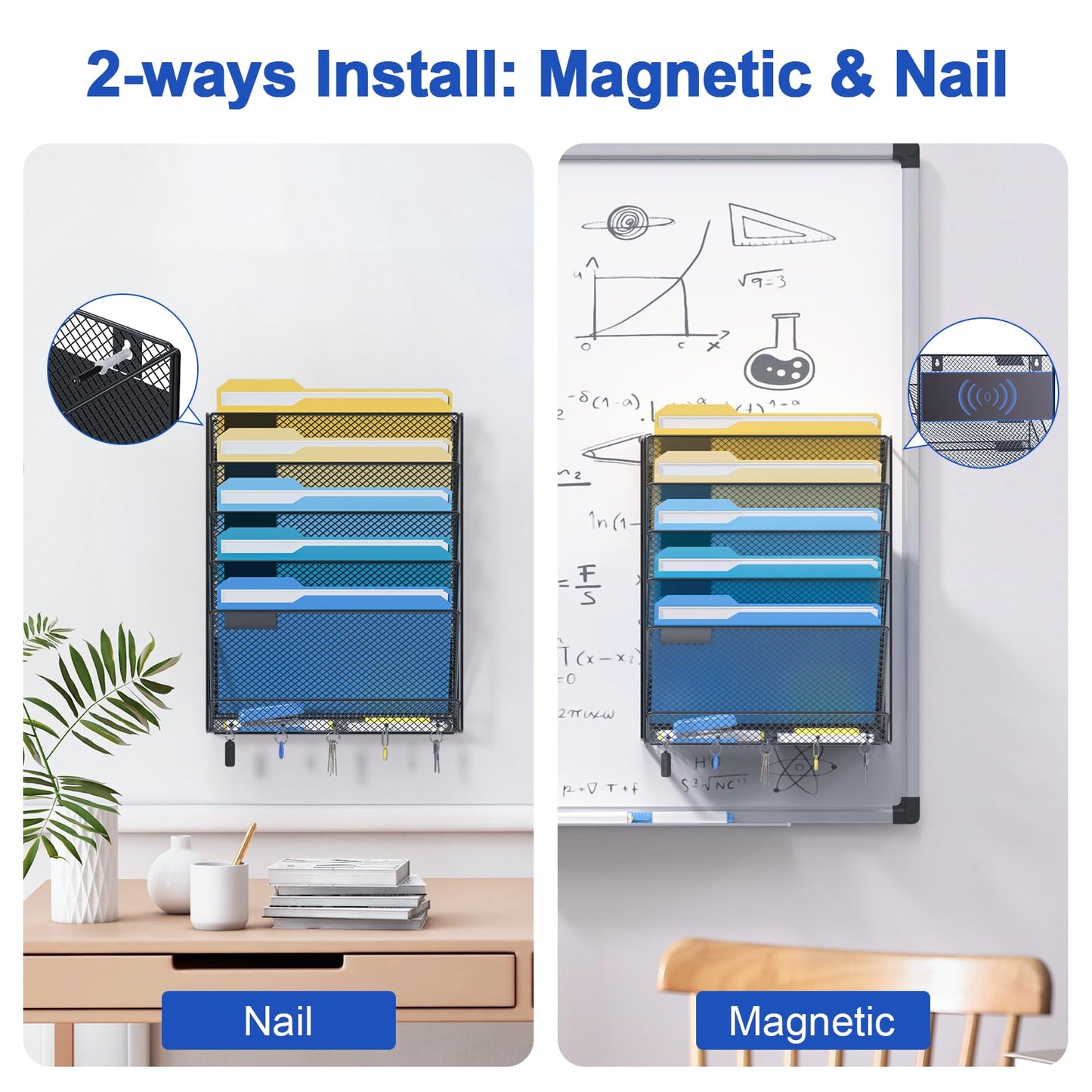 samstar Magnetic Wall File Holder, 6-Tier Hanging Wall File Organizer Wall Mount Paper File Folder Mail Organizer for Office/School, Magnetic