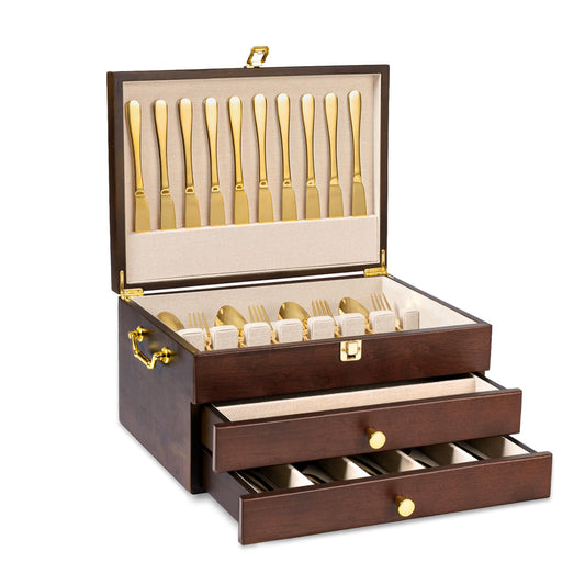 Yoimori Silverware Storage Box, 3-Layer Flatware Storage Case with Drawer, Wooden Silverware Chest with Handle and Linen Liner, Rustic Silverware Case for Storing Fine Flatware and Utensils (Walnut)