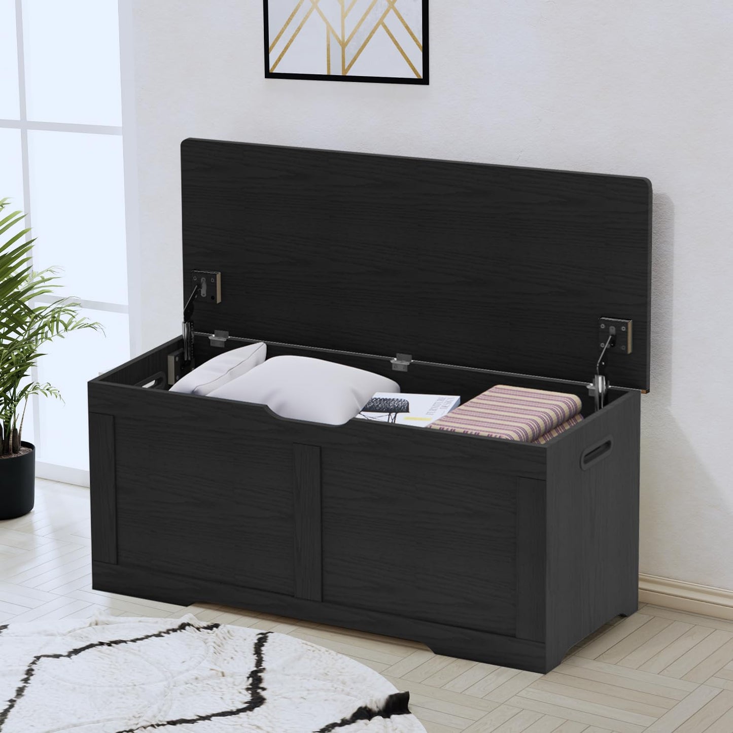 Timberer 39.4" Storage Chest, Wooden Storage Bench, Lift Top Toy Chest with 2 Safety Hinges, Large Toy Box, Entryway Bench for Living Room, Bedroom, Black