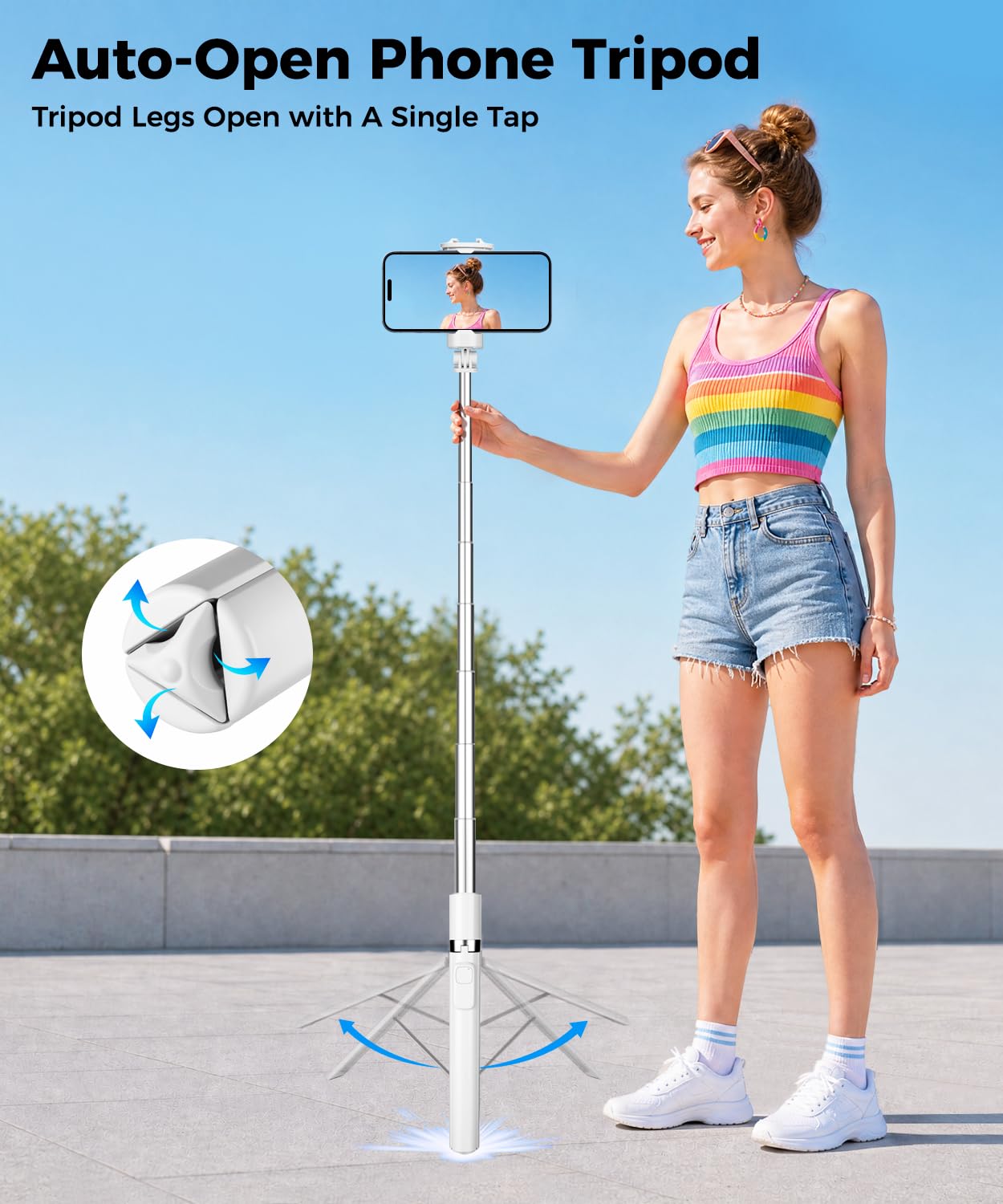 Victiv 68" Phone Tripod, Selfie Stick Tripod with Remote and Fill Light, [Tap-to-Open] iPhone Tripod Stand, Lightweight Cell Phone Stand for Video Recording, Travel, Vlogging, White
