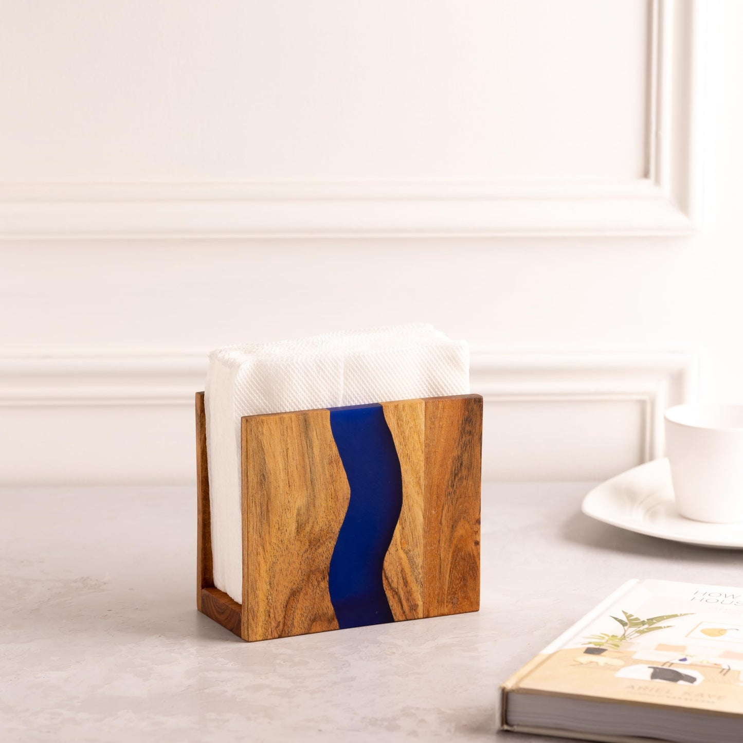 LAVAUK Acacia wood & Transparent Epoxy resin Napkin holder for table, Rustic farmhouse napkin organisation for kitchen, dining, counter tops, restaurant or outdoors | 6x5x2.5 inches| Blue