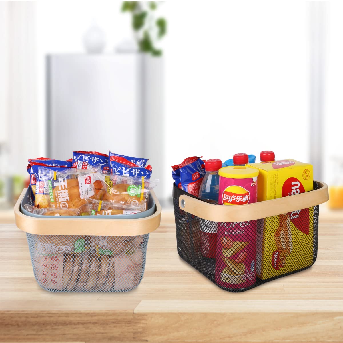 Ymeibe Mesh Steel Storage Organizer Basket Fruit Basket Bin with Wood Handle Ideal for Kitchen Bathroom Picnic Baskets Pantry Cabinets Storage Home Decor (Black)