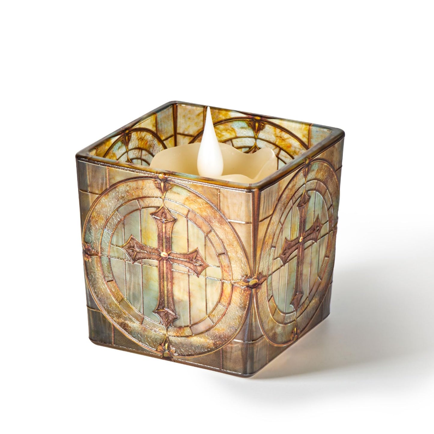 Square Glass Vanity Organizer Religious Cross Altar Ofrenda Qtip Holder Makeup Brush Holder Pen Cup Tealight Candle Holder Table Decor Green