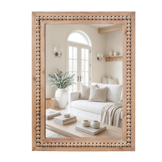 H HOMEWINS Rustic Rectangle Mirror,24x36 Wooden Farmhouse Mirrors,Boho Bathroom Wall-Mounted Nature Beads Decor Mirror for Bedroom, Living Room,Vanity,Entryway,Over Sink