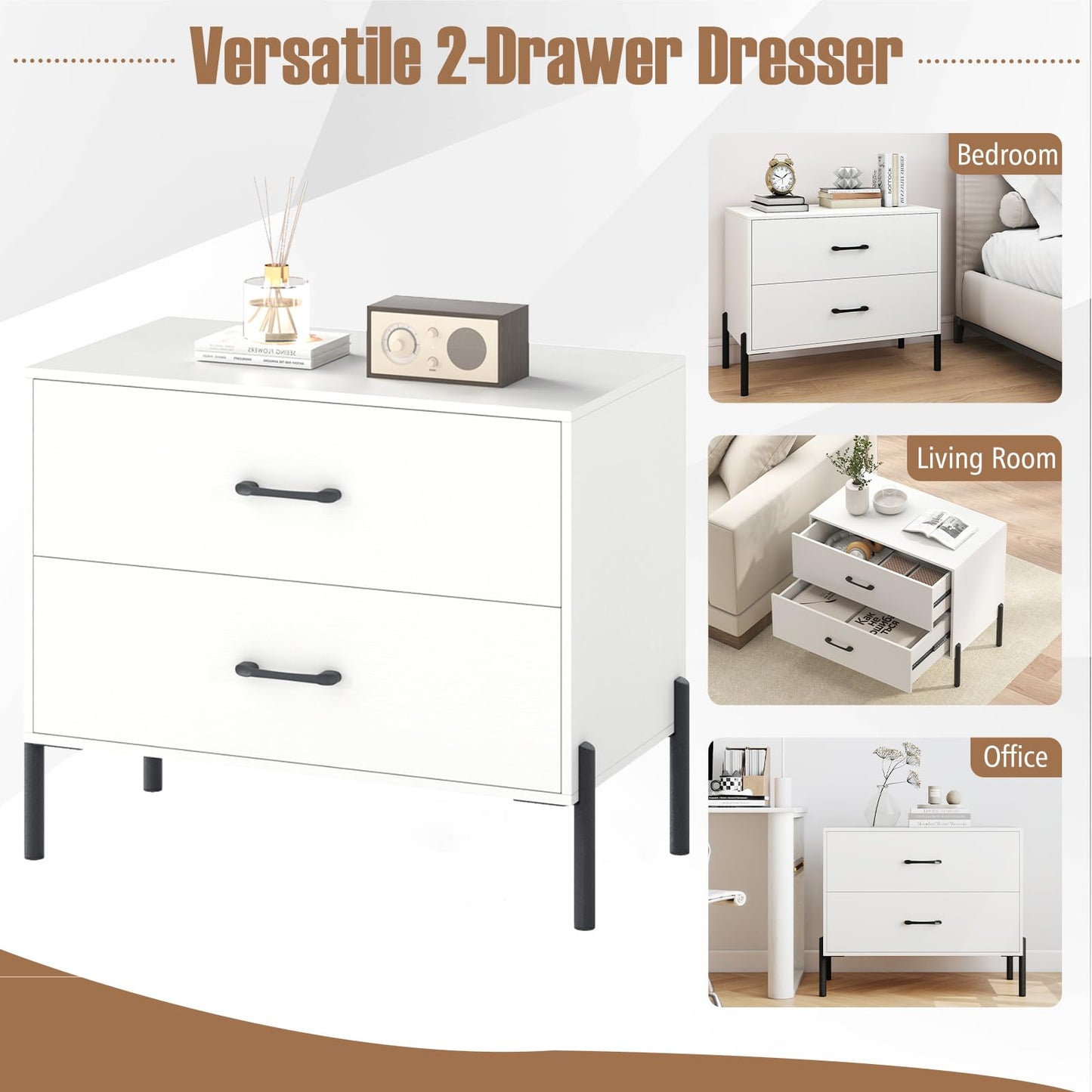 Giantex 2-Drawer Dresser, Modern Wooden Nightstand with Metal Legs & Handles, Anti-Tipping Kits, Compact Side Table, Small Dresser Chest of 2 Drawers for Closet, Bedroom, Sofa Side, Dorm (1)