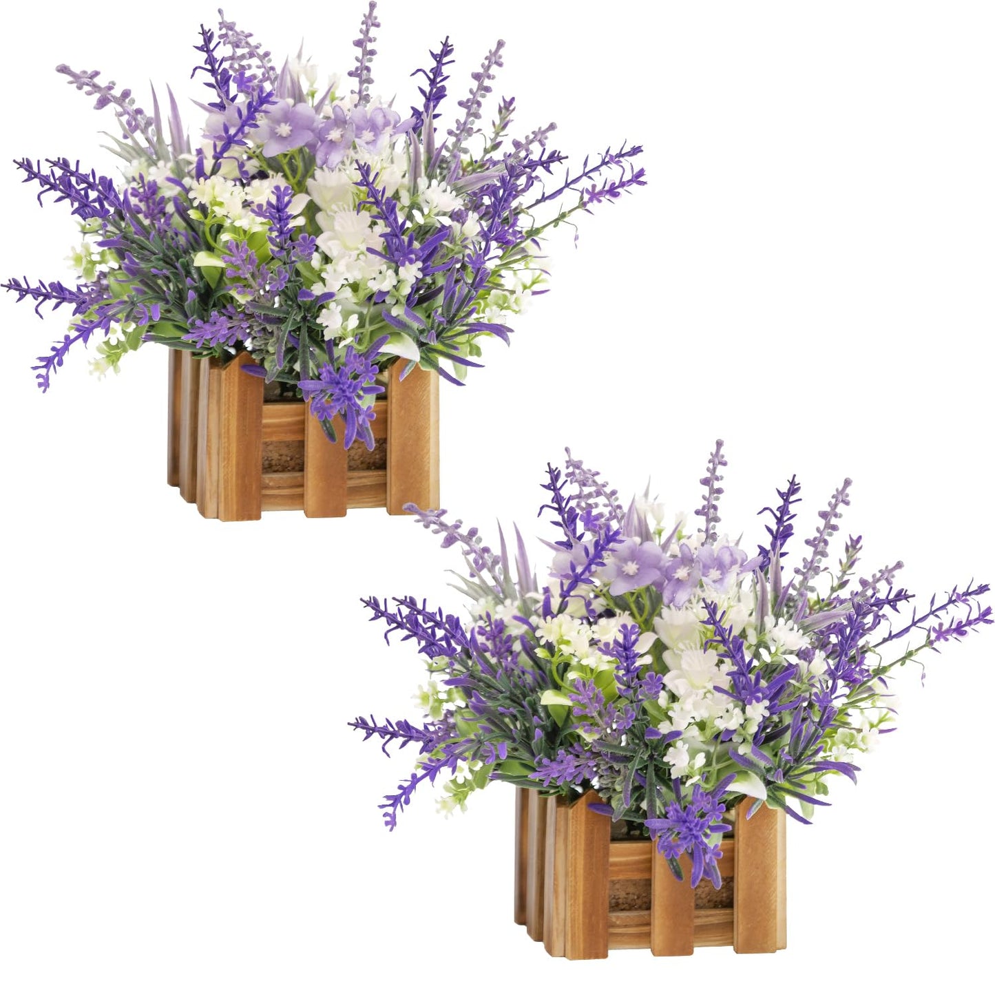 WELL KNOWN Artificial Lavender Plants in Wooden Baskets, Artificial Mini White Flower Arrangement in Planter for Home Hotel Office Table Wedding Centerpieces & Gift(Set of 2)