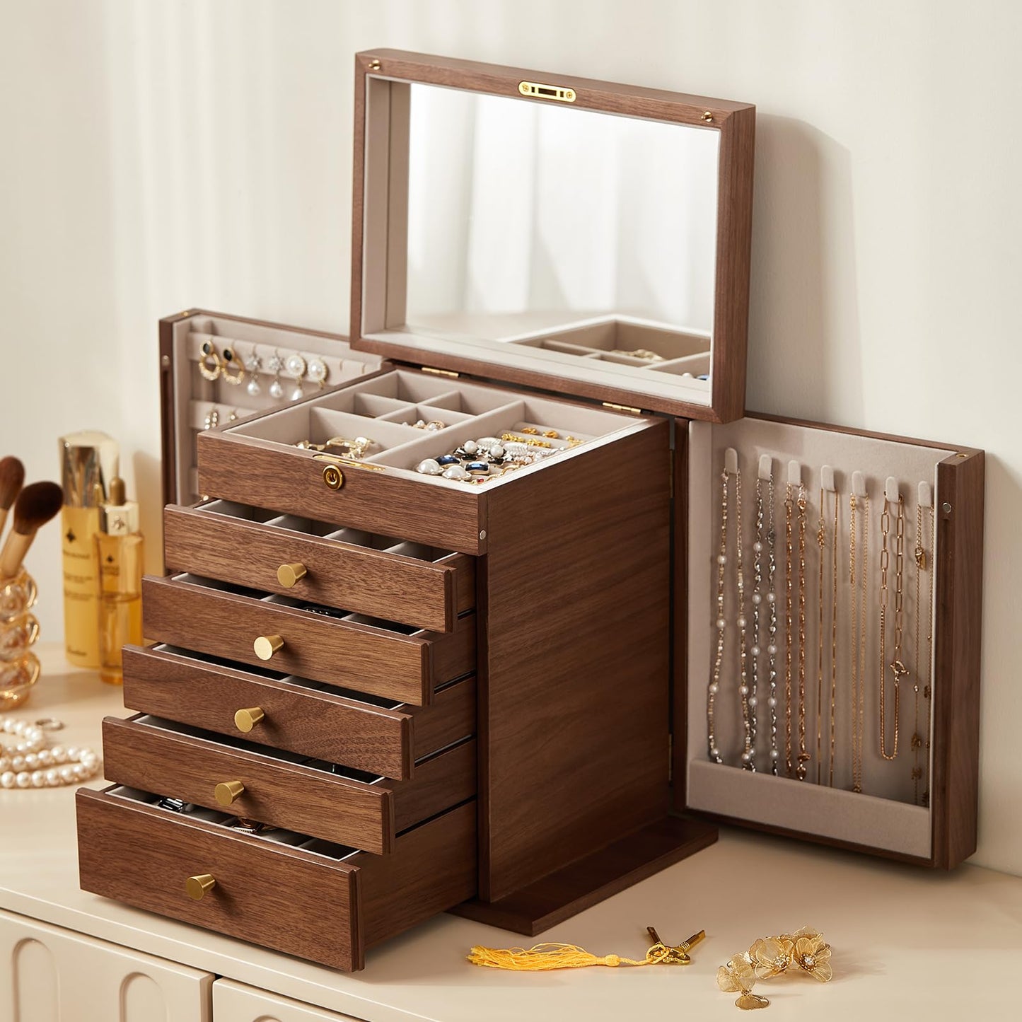 Homruilink Black Walnut Wooden Jewelry Box, Wood Jewelry Organizer with 2 Side Doors Mirror Lockable Classical Style for Watch Necklace Ring Earring Storage, Fathers Day Gift-6 Layer