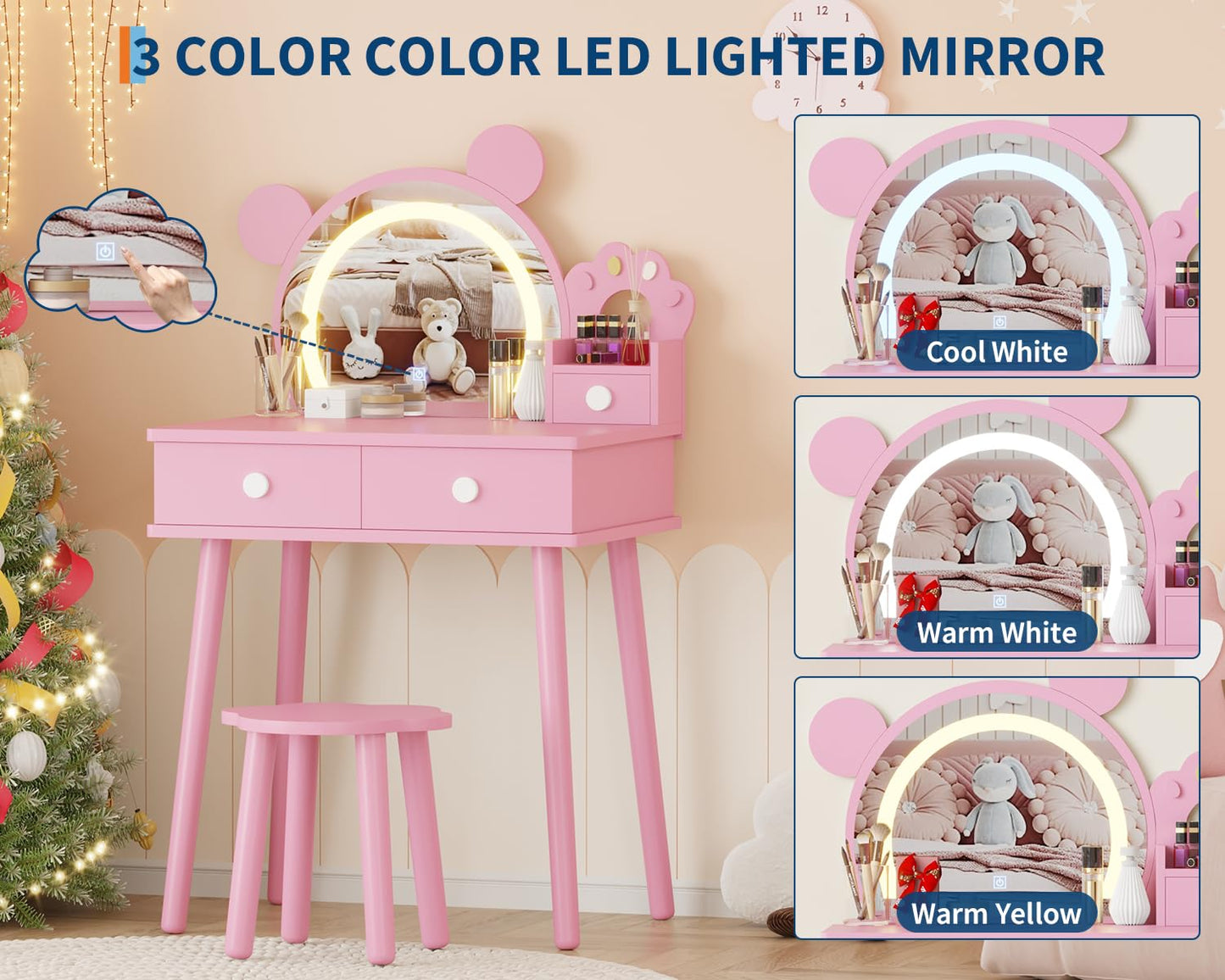 Garvee Toddler Vanity Set with Lights,Bear-Shaped Make Up Vanity Desk with Mirror&Stool,Wooden Princess Toddler Make Up Table Set for Bedroom,Pretend Play Vanity Sets for Little Girls(Pinks)