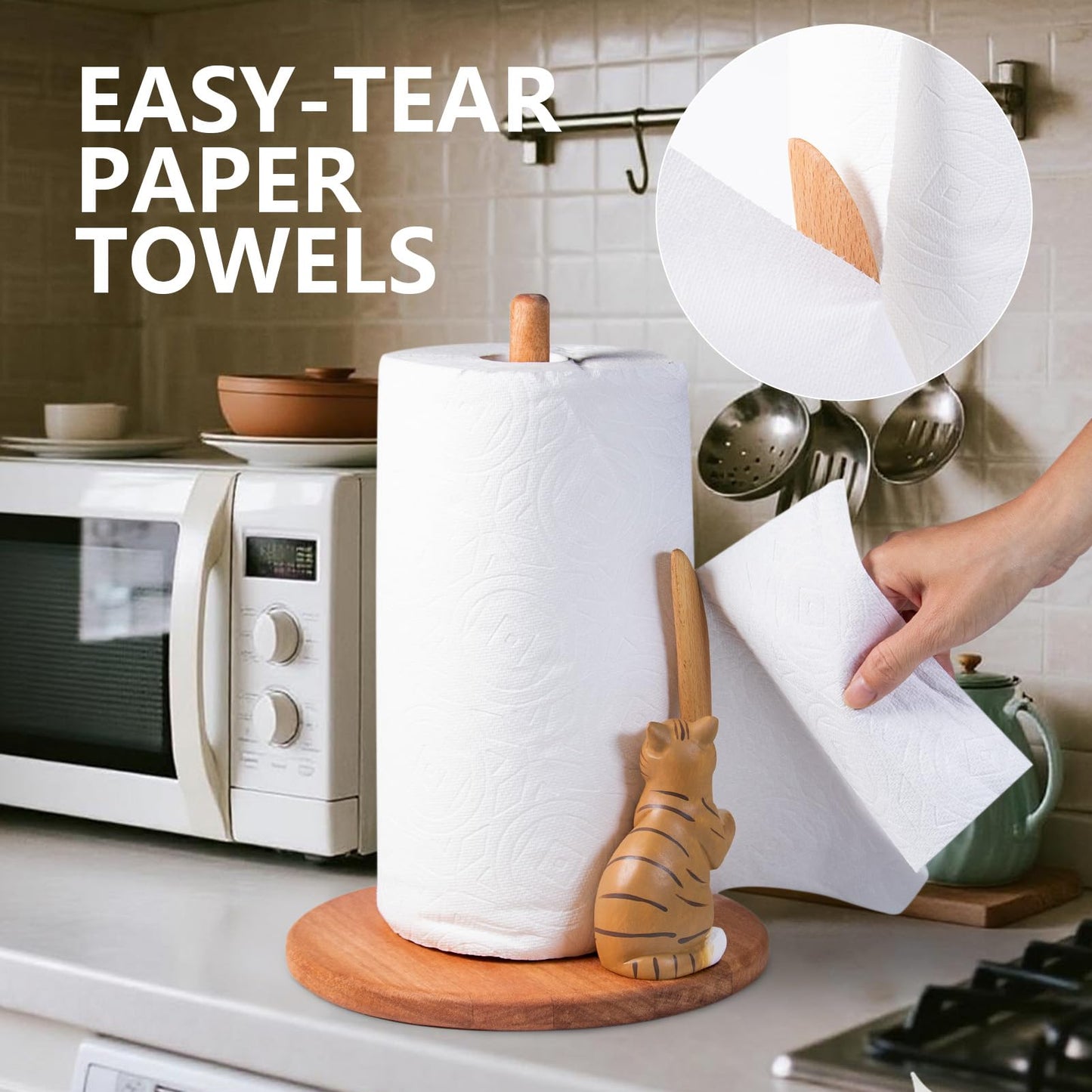 Cat Wooden Paper Towel Holder,9.5" Large Thicken Base Wood Kitchen Tissue Holder, Freestanding Paper Towel Holders, Suitable for Farmhouse, Kitchen Countertop Decorative Paper Towel Holder (cat)