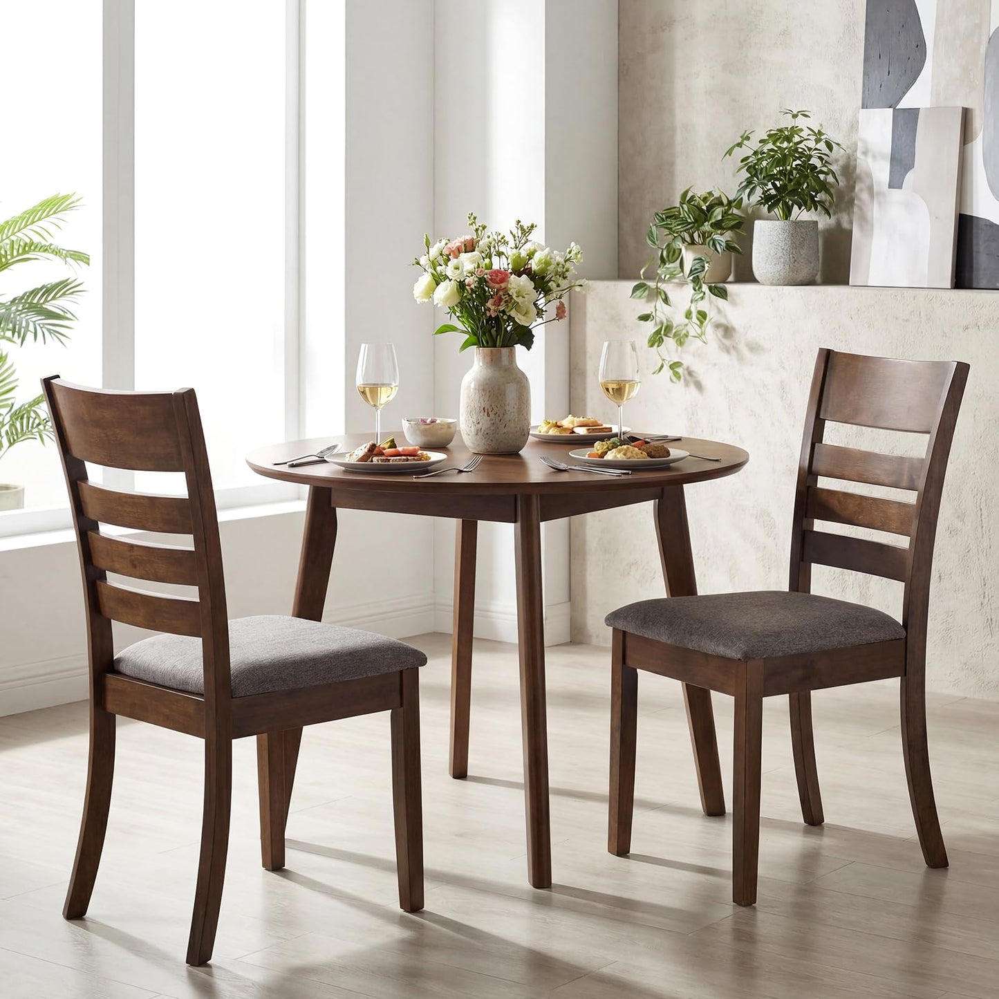Giantex Wooden Dining Chairs Set of 2, Upholstered Kitchen Chair w/Rubber Wood Frame, Curved Slatted Backrest & Wide Padded Seat, Modern Dining Room Chairs for Living Room, Restaurant, Brown