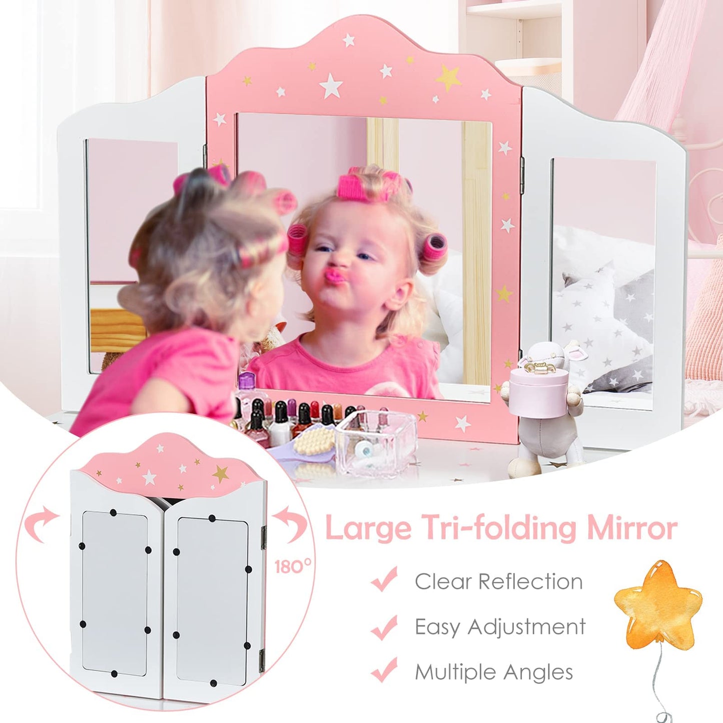 HONEY JOY Kids Vanity, Wooden Princess Makeup Dressing Table with Stool & Drawer, Tri-Folding Mirror, Detachable Top, Toddler Pretend Play Vanity Set for Little Girls (White)