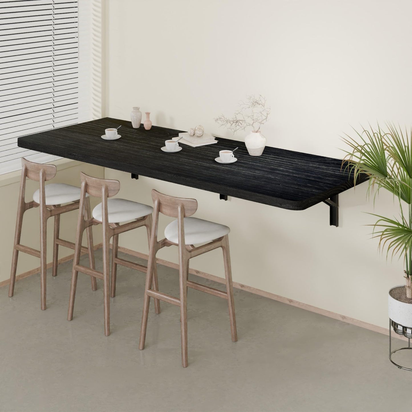 IAE Floating Wall Mounted Folding Table Desk with Pine Wood,55" x 22" Folding Workbench,Fold Down wall Mounted Foldable Table with Shelf Brackets,Laundry Folding Table for Apartment,Home,Kitchen,Black