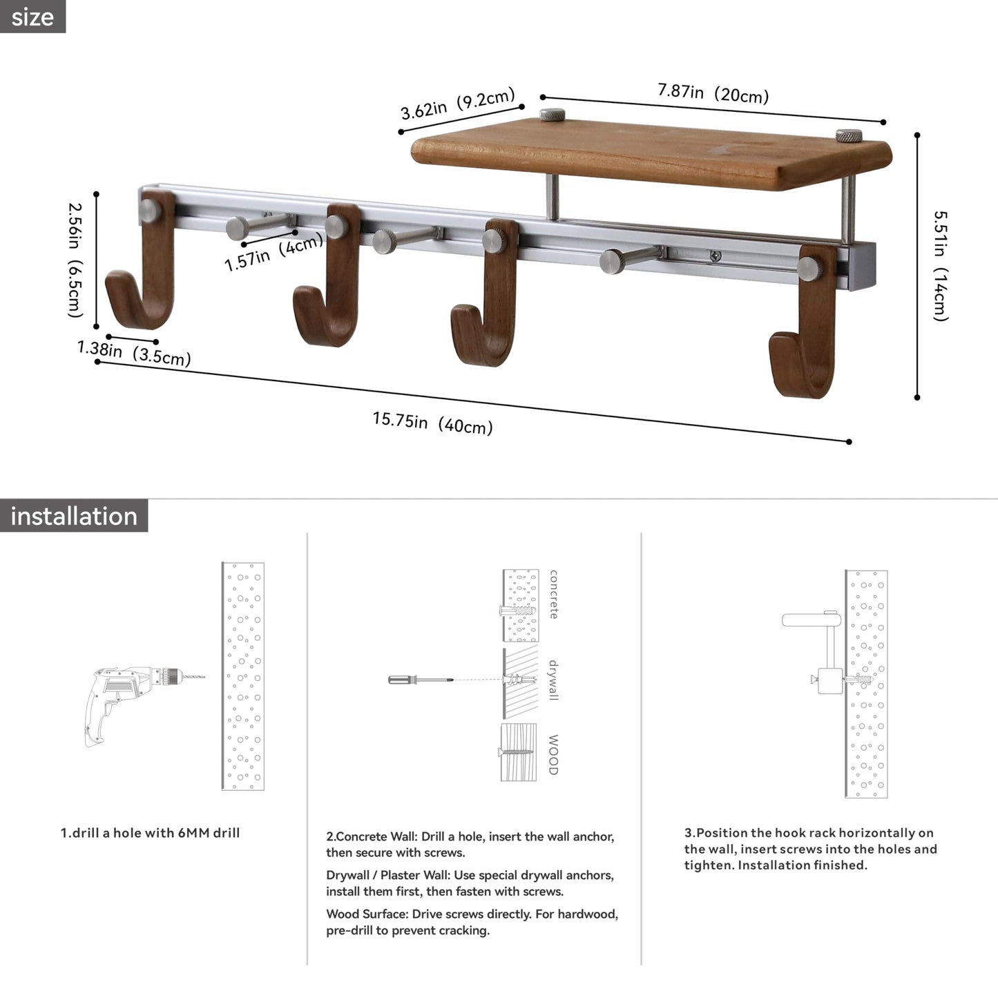 XAOHOME Wall Mounted Coat Rack with Shelf, Modular Entryway Hooks Organizer, Adjustable Aluminum Rail with Wooden Hooks, Expandable Storage for Entryway, Hallway, Mudroom