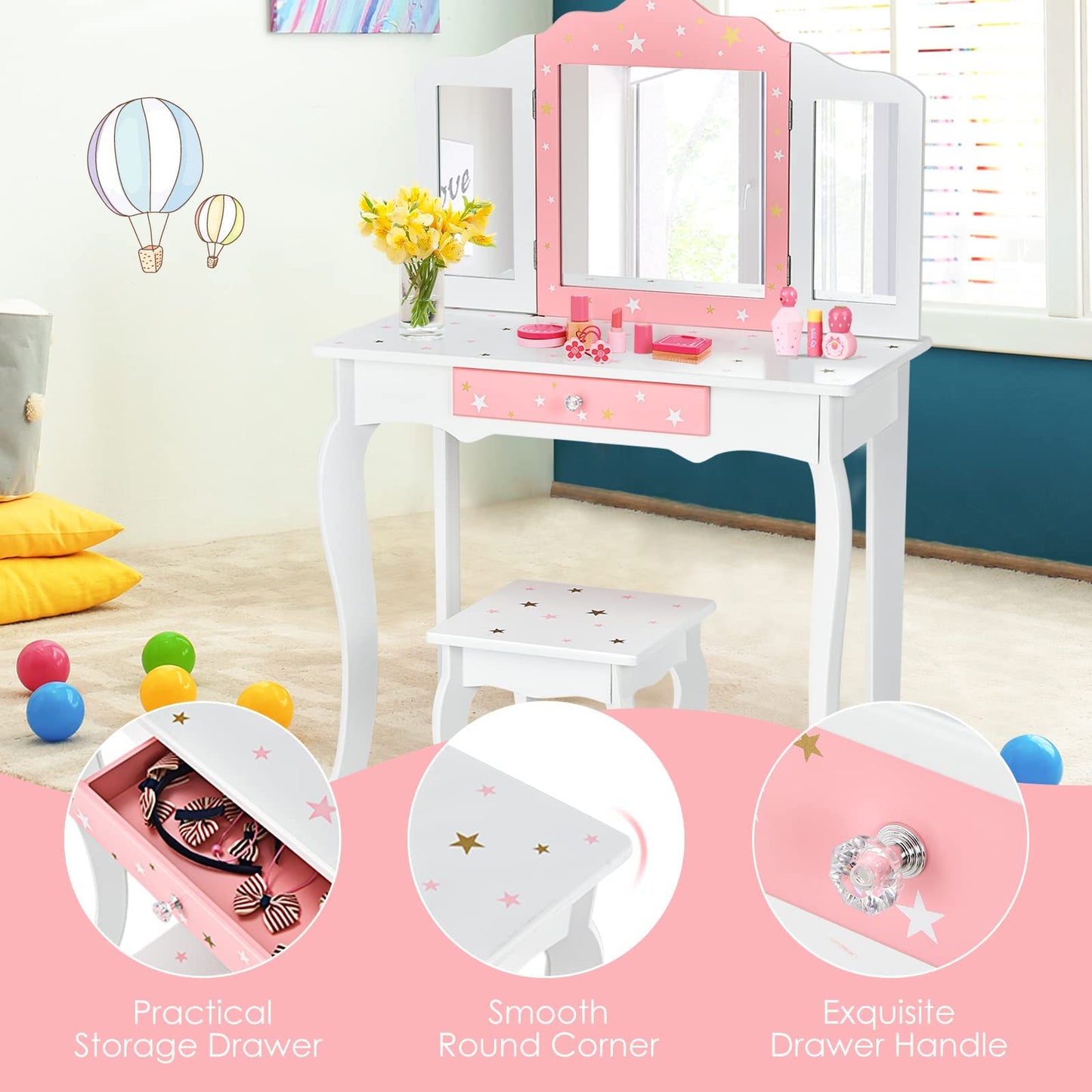 HONEY JOY Kids Vanity, Wooden Princess Makeup Dressing Table with Stool & Drawer, Tri-Folding Mirror, Detachable Top, Toddler Pretend Play Vanity Set for Little Girls (White)