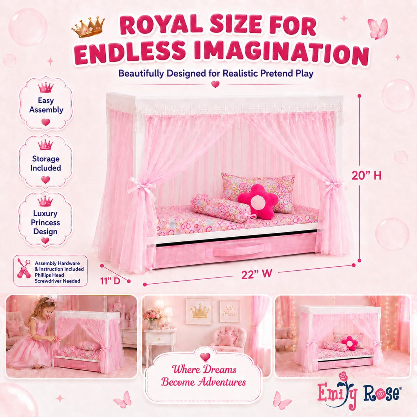 Emily Rose 18" Doll Princess Canopy Bed - White Wood with Pink Tulle Curtains, 5-PC Bedding Set & Storage Drawer - Fits American Girl Dolls - Royal Bedroom Furniture