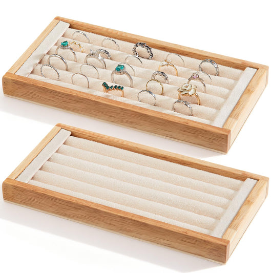 Novabright 2 Pcs Bamboo Ring Holder, 5 Slot Rings Display Tray Stand, Jewelry Rings Earrings Tray Storage Organizer for Selling Retail Exhibitions (Beige)