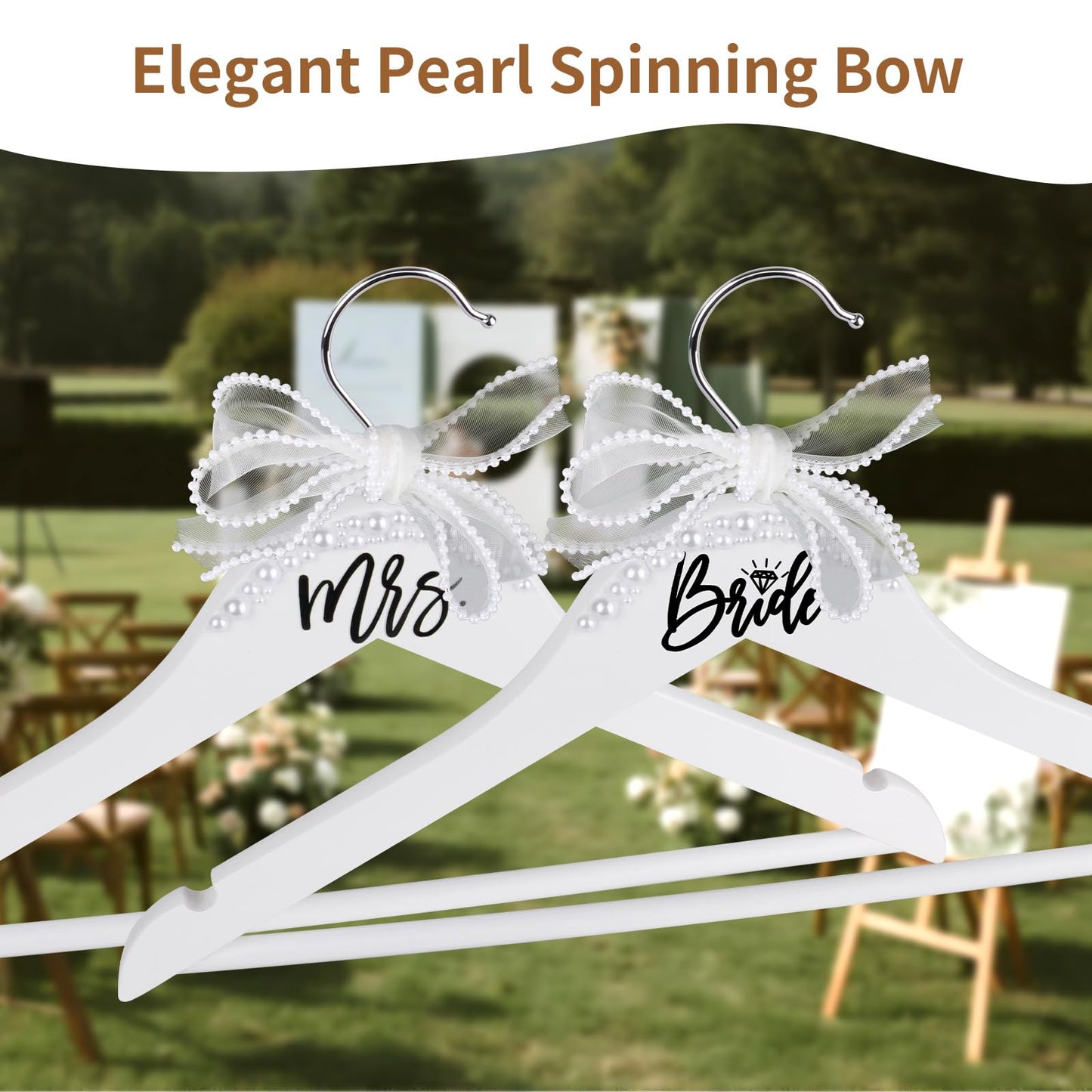 NINTHFIT Bride Hanger for Wedding Dress Wooden Pearl Hangers with Pearl Ribbon Bow Elegant Bridal Mrs Wedding Dress Hanger, 2PCS Personalized Wedding Hangers (White)