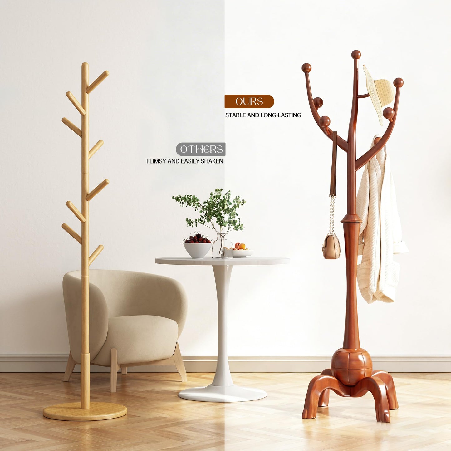 GAMNOF Wood Freestanding Coat Rack with 8 Hooks Coat Tree Standing,Brown