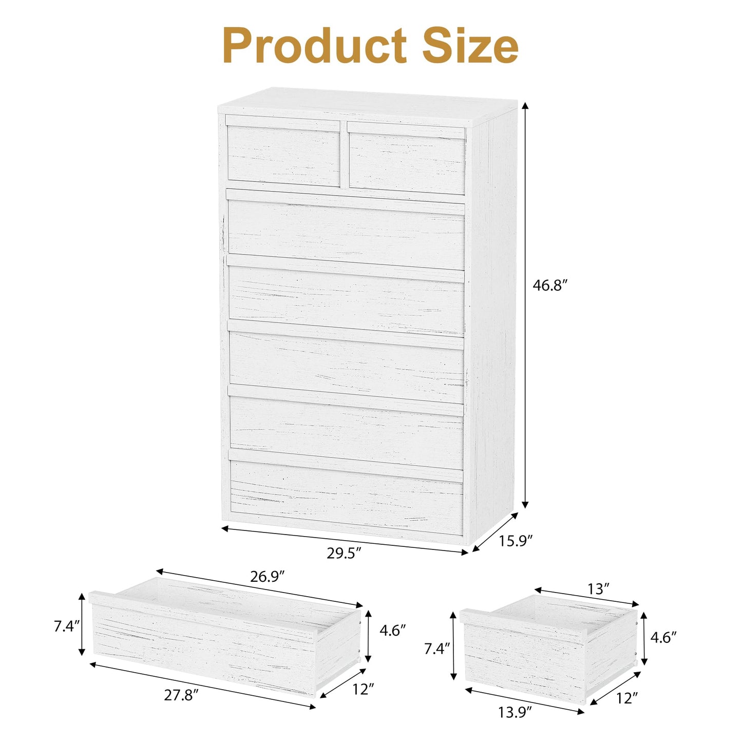 Garvee 7 Dresser for Bedroom, 46.8" Tall Dresser, Freestanding Vertical Drawer with Storage, Wooden Closet Chest Storage for Living Room, Hallway, Entryway, White