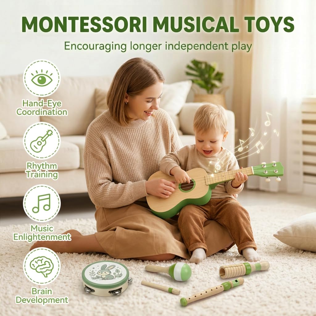 Raimy Kids Guitar Set, 7 in 1 Wooden Musical Instruments for Toddlers 3+ Montessori Music Toys Set with Ukulele/Tambourine/Hand Bell/Clarinet/Guiro/Maraca for Boys Girls Birthday Gift (Green)