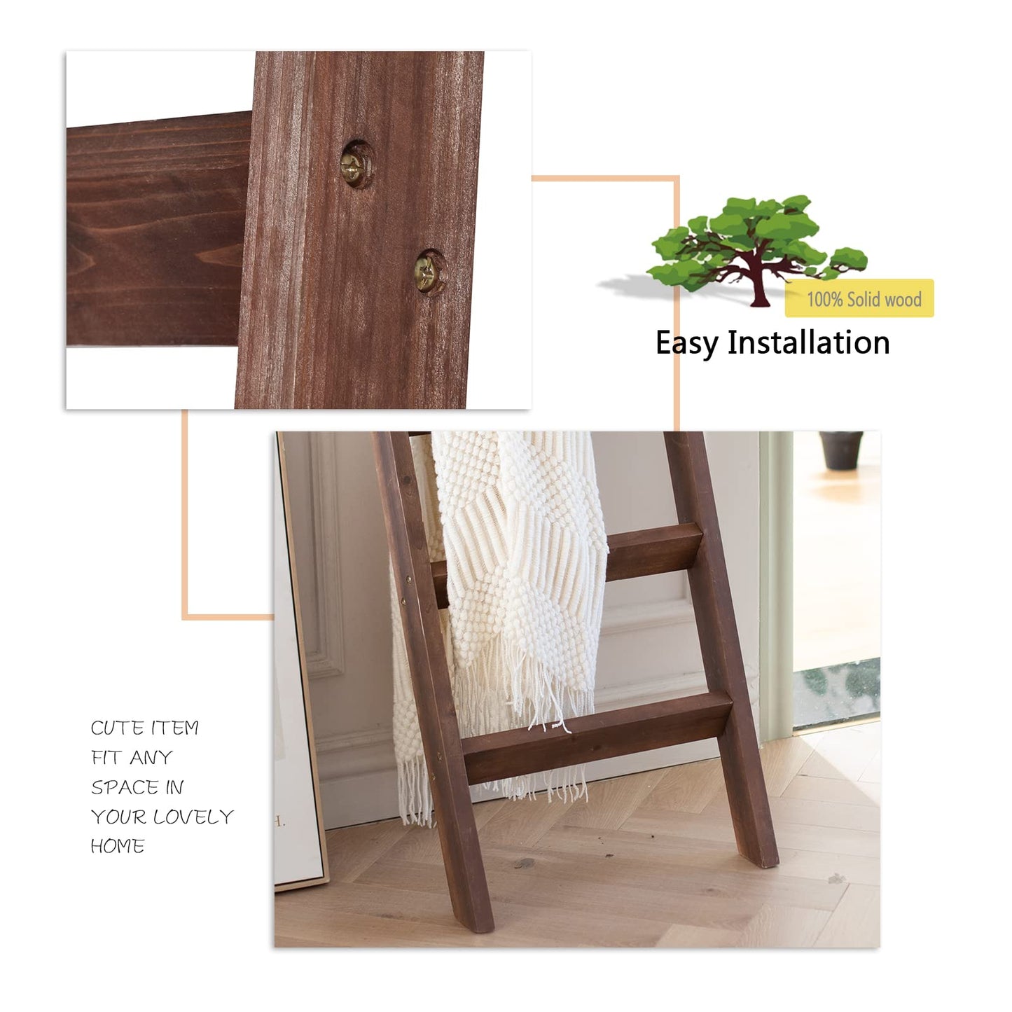 FUIN 5ft (58") Wood Blanket Ladder Living Room Decorative Wall Leaning Farmhouse Quilt Display Holder Rustic Wooden Towel Rack for Bathroom, Brown