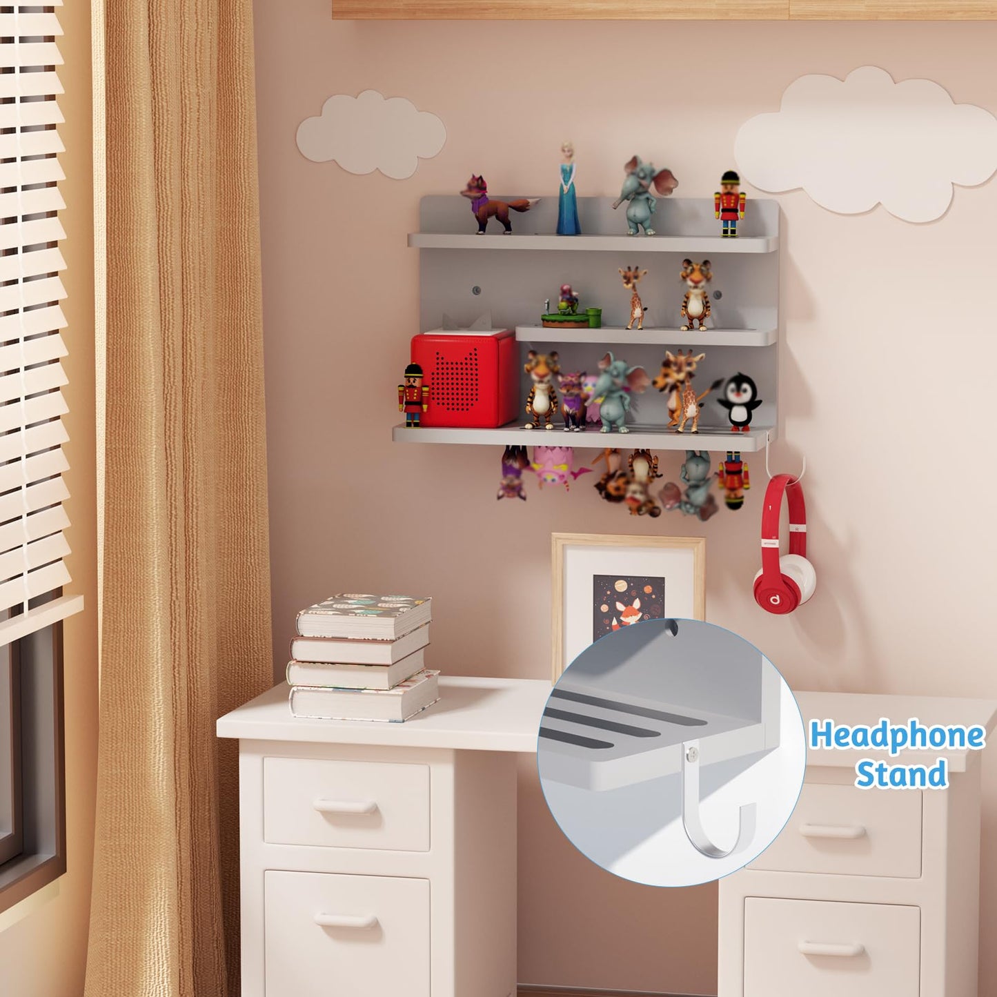 for Tonies Shelf Magnetic - Tonies Figure Organizer for Kids Room, Wooden Magnetic Display Shelf for Tonies Box Holder, Wall Floating Shelves Toy Storage Compatible Charging Station (3 Tier, Grey)