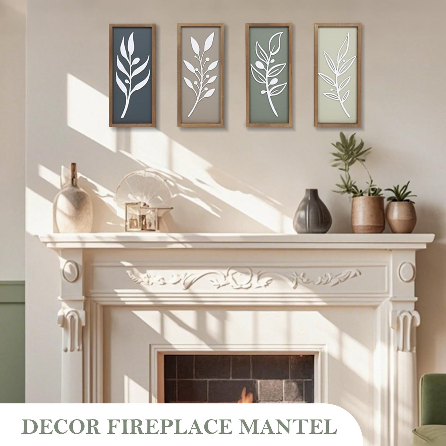 3D Tree Leaf Wooden Framed Boho Wall Art (Set of 4) Lightweight, Minimalist Botanical Farmhouse Bathroom Wall Decor For Living Room Bedroom Kitchen Office Hallway Decorations