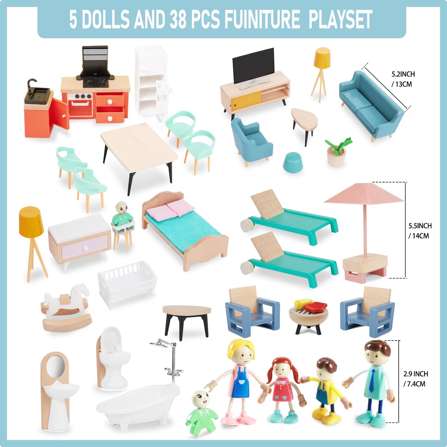 Smartwo 43PCS Wooden Dollhouse Furniture Set 6 Rooms with 5 Family Dolls,Wood and Plastic Dollhouse Accessories, in/Outdoor Scenes Pretend Play Toys Christmas Birthday Gift for Boys Girls & Kids 3Y+