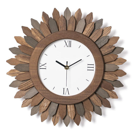 Honiway 14 Inch Wall Clocks Battery Operated Silent Non Ticking Rustic Wood Boho Sunburst Decorative Wall Clock for Living Room Kitchen Bedroom Farmhouse Office Decor (Tricolor-Roman Numerals)