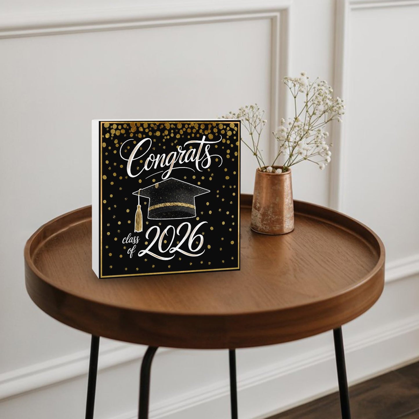 Gold Black Graduation Cap Wood Box Sign Desk Decor, Class of 2026 Academic Modern Decorative Wooden Block Box Sign Decorations for Home Office Shelf Table Decor 6x6 Inches