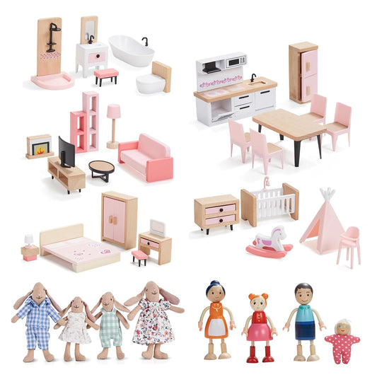 Giant bean 4 PCS Hand Made Rabbit Family Dolls, Wooden Dollhouse Furniture Set for Boys Girls & Toddlers 3Y+
