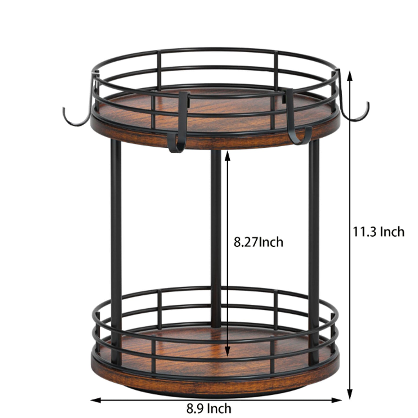 Yelinkws Rotating Coffee Mug Cup Holder Rack Stand, 2 Tier Wooden Coffee Station Bar Organizer for Countertop, Spinning Kitchen Counter Organizer, Mug Shelf with 6 Hooks, Rustic Brown and Black