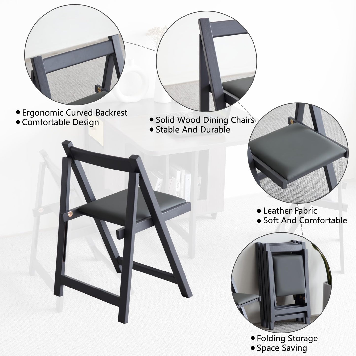 FUNROLUX Folding Dining Chairs with Padded Seats 2 Pack Wooden Folding Chairs for Kitchen Table Event Party Indoor 198LB Weight Capacity (Grey)