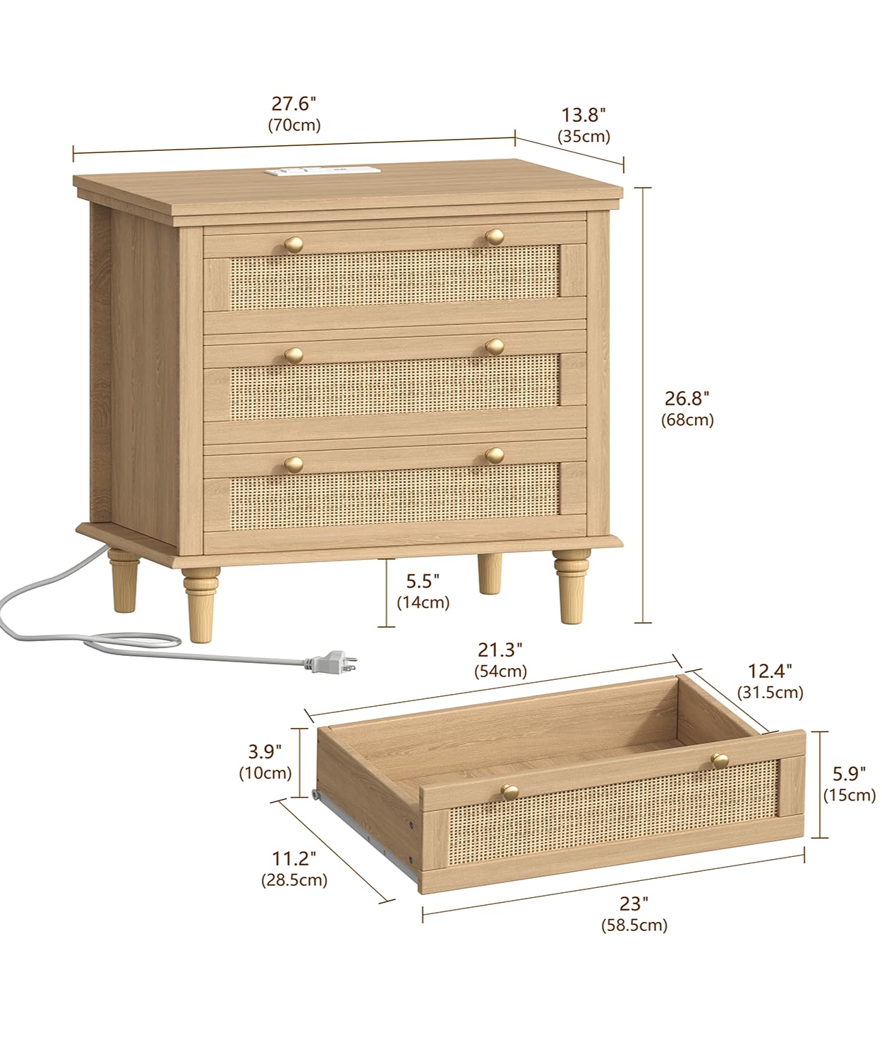 Keehusux 27.6" W Rattan Nightstand with 3 Drawers, Large Night Stand with Charging Station, Boho Bedside Table with Round Handles, Wooden End Table for Bedroom, Natural Oak