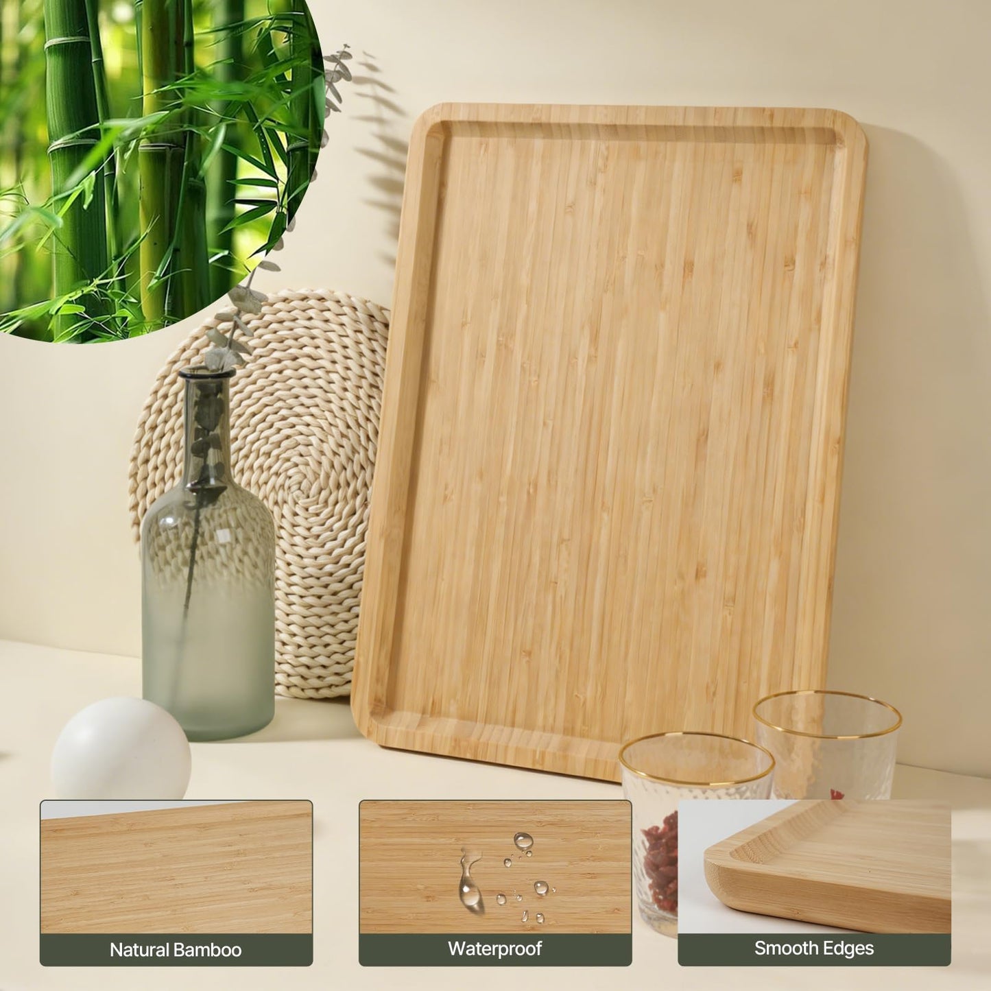 Bamboo Serving Tray Rectangle Platter Breakfast Dinner Food Bed Tray for Eating Kitchen Restaurants (1, 15.7" x 12.8" x 0.8" (no Handle))