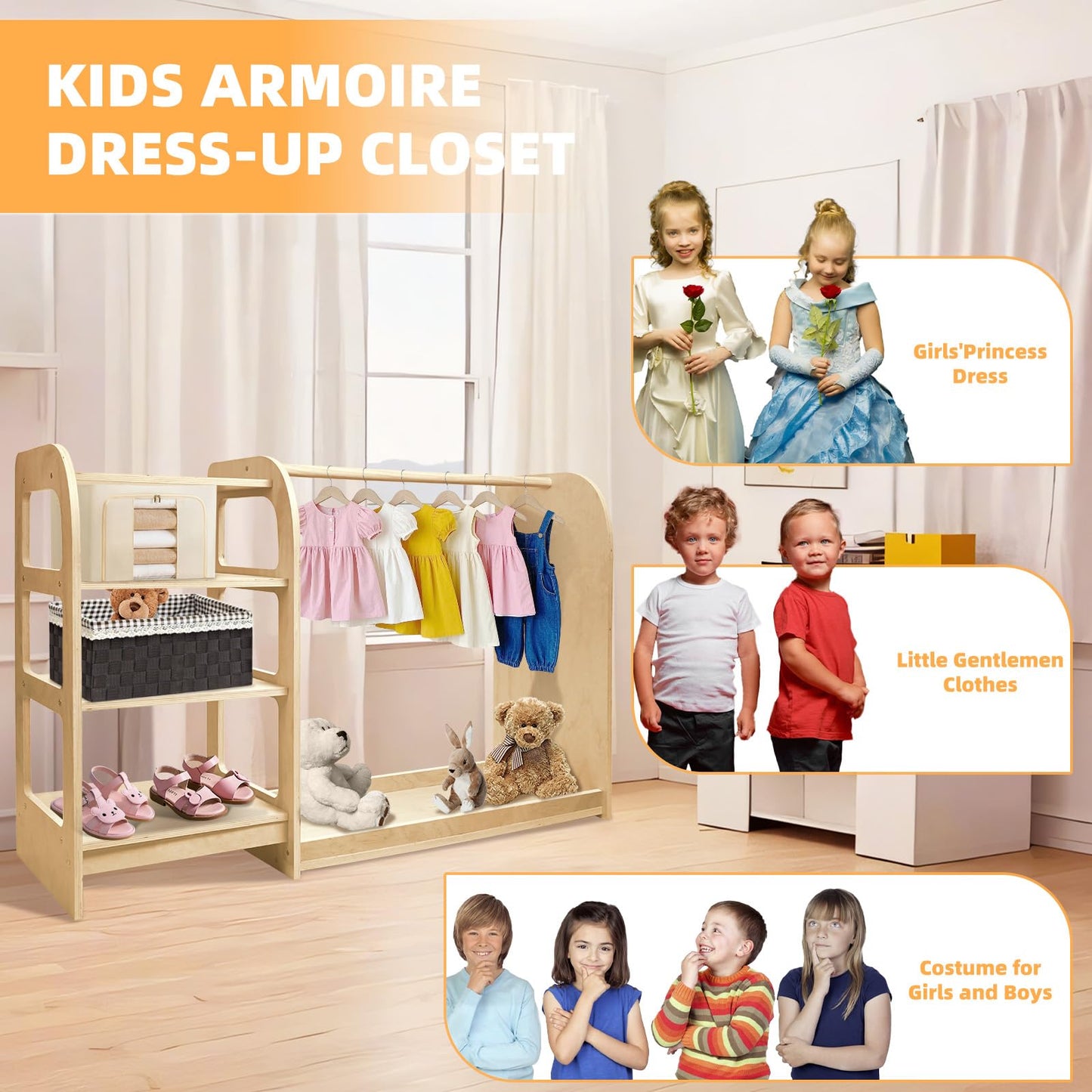 homegroove Kids Dress Up Storage with Mirror, 31.5 Inch Kids Wardrobe Closet with Storage Shelf for Little Girls and Boys, Wooden Costume Organizer for Bedroom Classroom Playroom Furniture