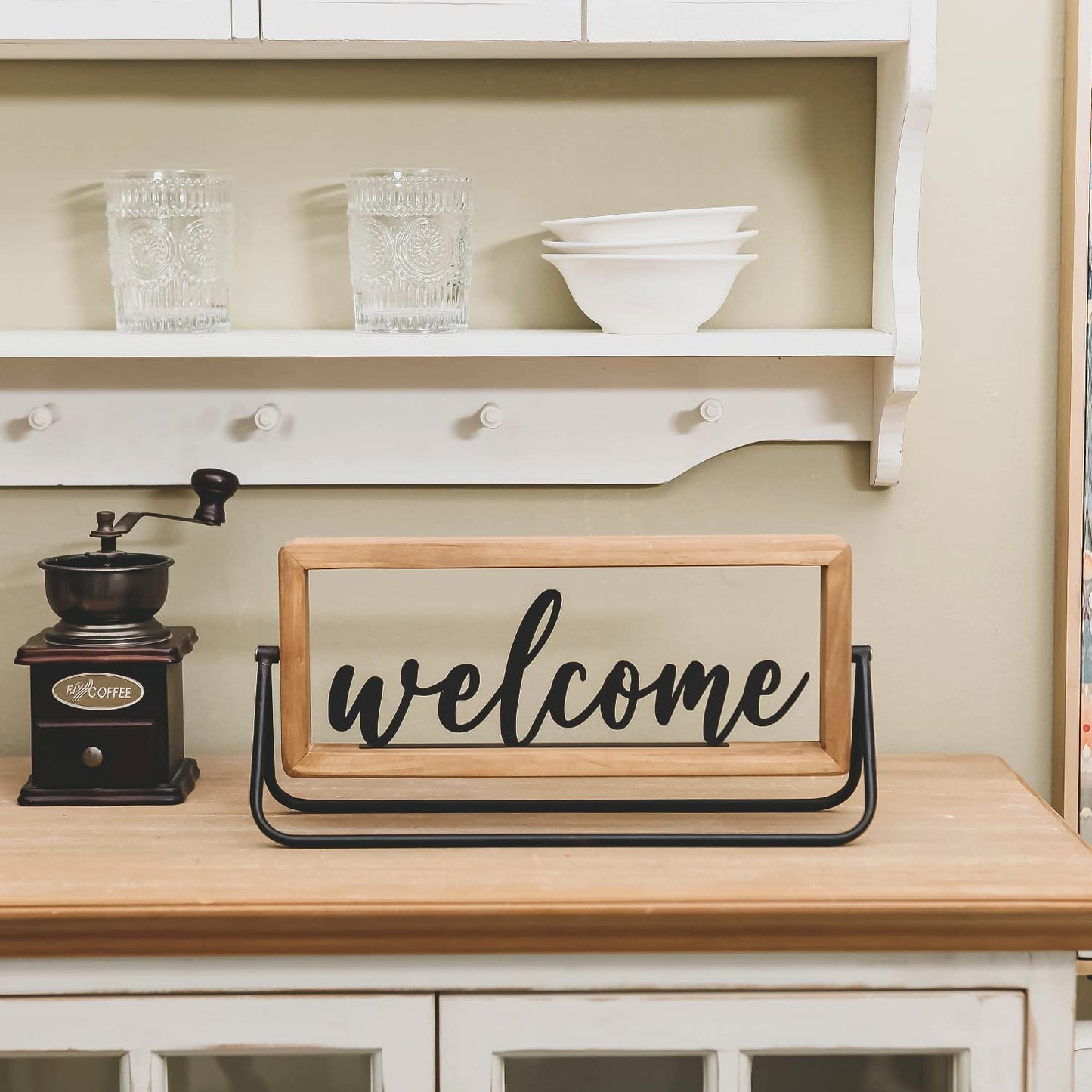 NIKKY HOME Wooden Welcome Sign, Rustic Table Signs Freestanding Word Sign Decorative Cutout Welcome Letters Sign for Home Ornament Entryway Living Room Indoor Decor