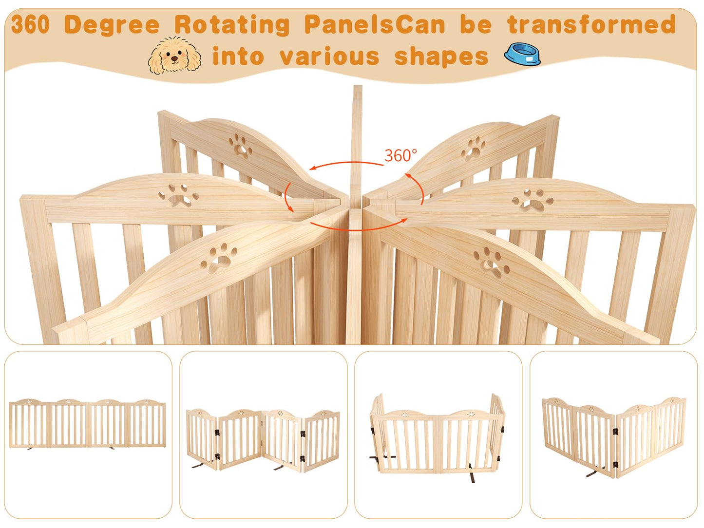 Oapety Wooden Dog Gate Indoor, 31.5" H Freestanding Doggy Gate, No-Painted Folding Cute Puppy Fence for Doorways Stairs Hallways, 4 Panels