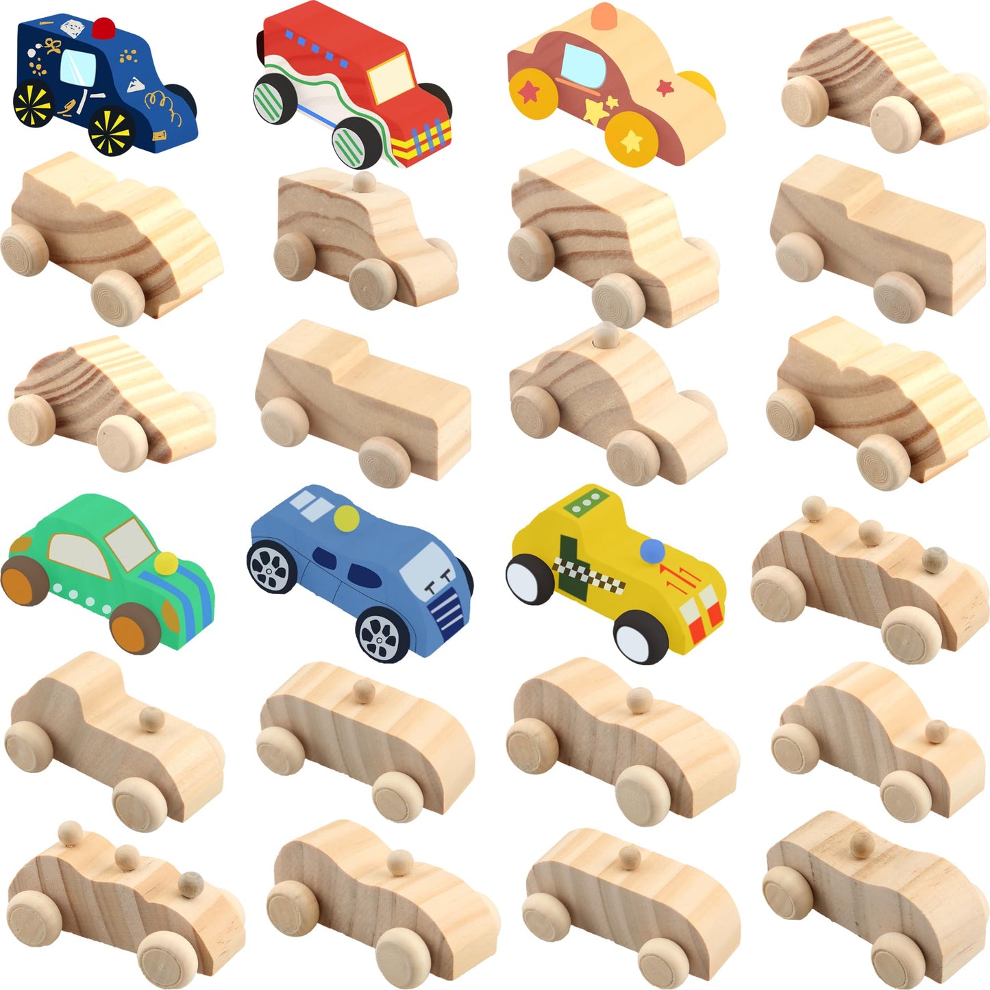 Haconba 24 Pack DIY Wooden Car Toys Unfinished Wood Car to Paint Wooden Craft Vehicles for Students Home DIY Crafts Activities, 12 Styles