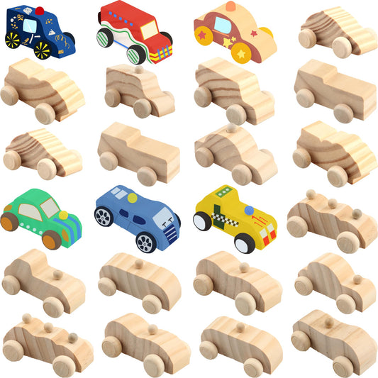 Haconba 24 Pack DIY Wooden Car Toys Unfinished Wood Car to Paint Wooden Craft Vehicles for Students Home DIY Crafts Activities, 12 Styles