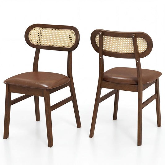 Giantex Wooden Dining Chairs Set of 2, Faux Leather Upholstered Kitchen Chairs w/Breathable Mesh Cane Backrest, Rubber Wood Frame, Padded Seat, Farmhouse Armless Side Chairs for Dining Room, Coffee