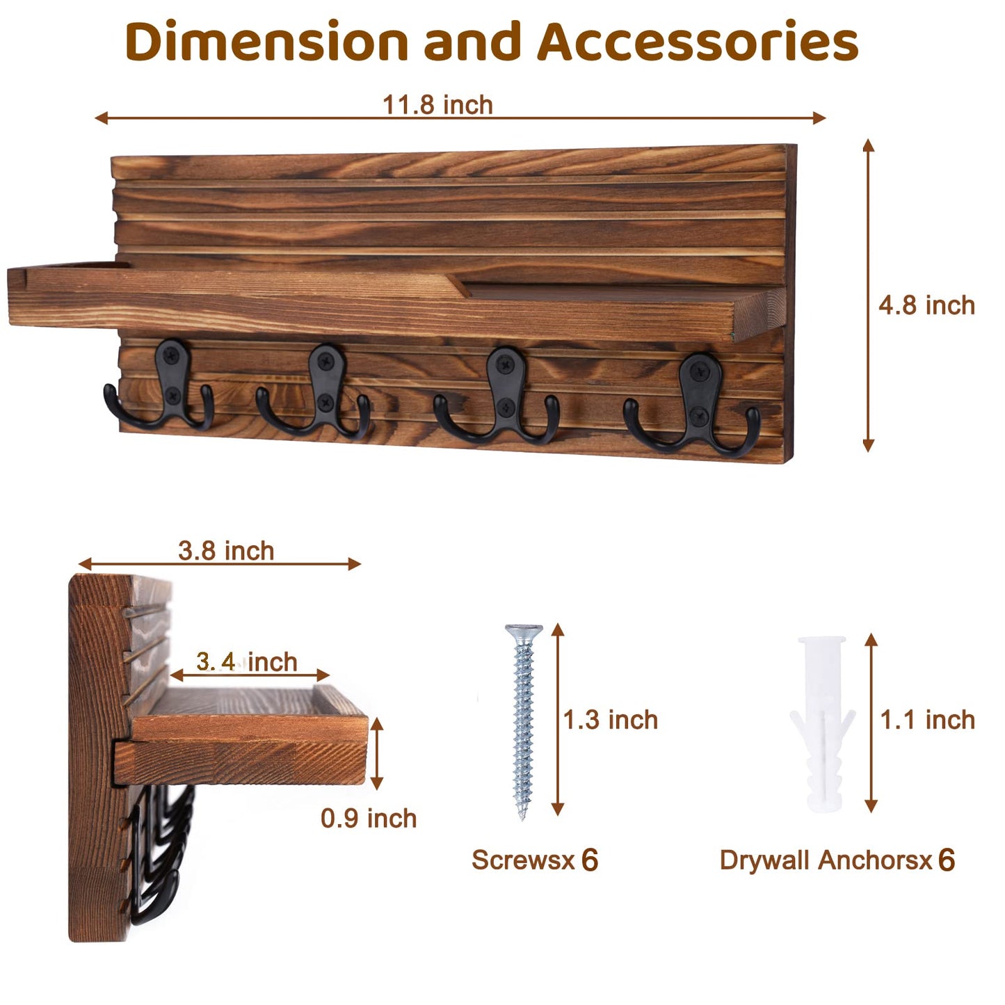 WeBravery Decorative Key Hanging Rack with 4 Double Hooks – Easy Install Natural Wooden Key and Mail Holder for Wall Mount – Entryway Decor Rack with Shelf (Brown)