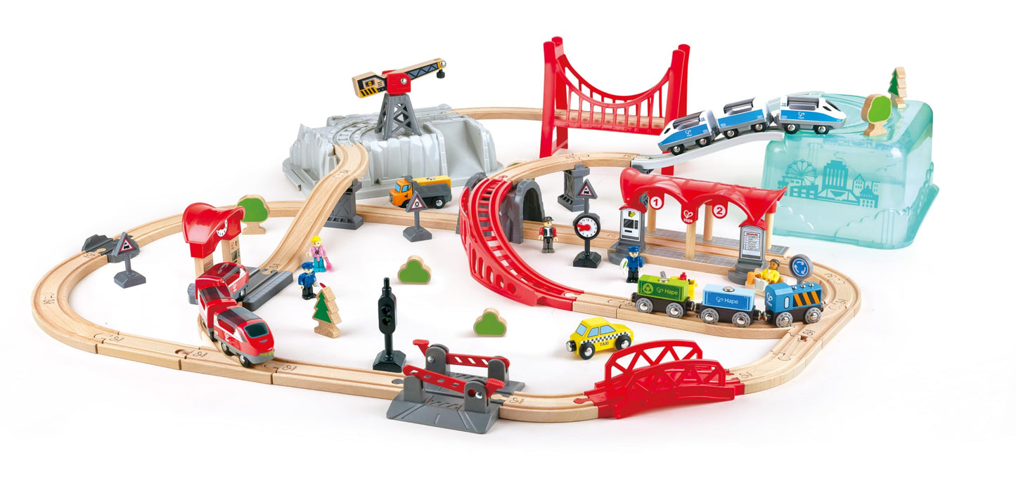 Hape City Railway and Train Bucket Set Toy with Hoisting Magnetic Crane for Trains, Trucks, and Cargo for Kids Ages 3 and Up, Multicolor