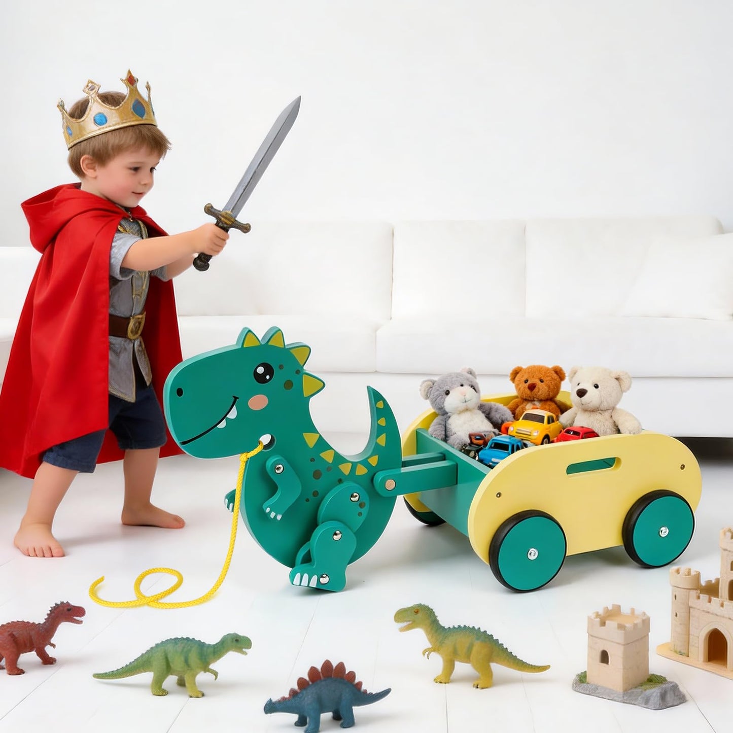 Wooden Walking Pull Along Wagon for Kids Dinosaur Toys Car Rolling Cart for Toddlers Montessori Toys Gift for 1 2 3 4 Years Old Boys Girls